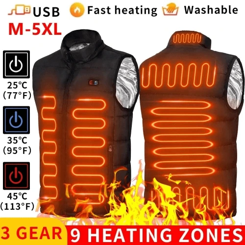 Chaqueta calefactora eléctrica para hombre y mujer, abrigo térmico de grafeno con USB, ropa deportiva para acampar, 9 zonas Chaqueta calefactora eléctrica