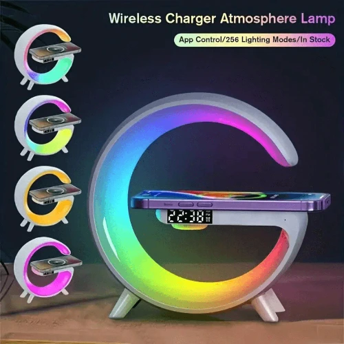 Luz ambiental colorida, altavoz para música BT multifuncional, cargador inalámbrico para teléfonos celulares, reloj con alarma y cronómetro 4en1 Lámpara , altavoz y cargador y reloj