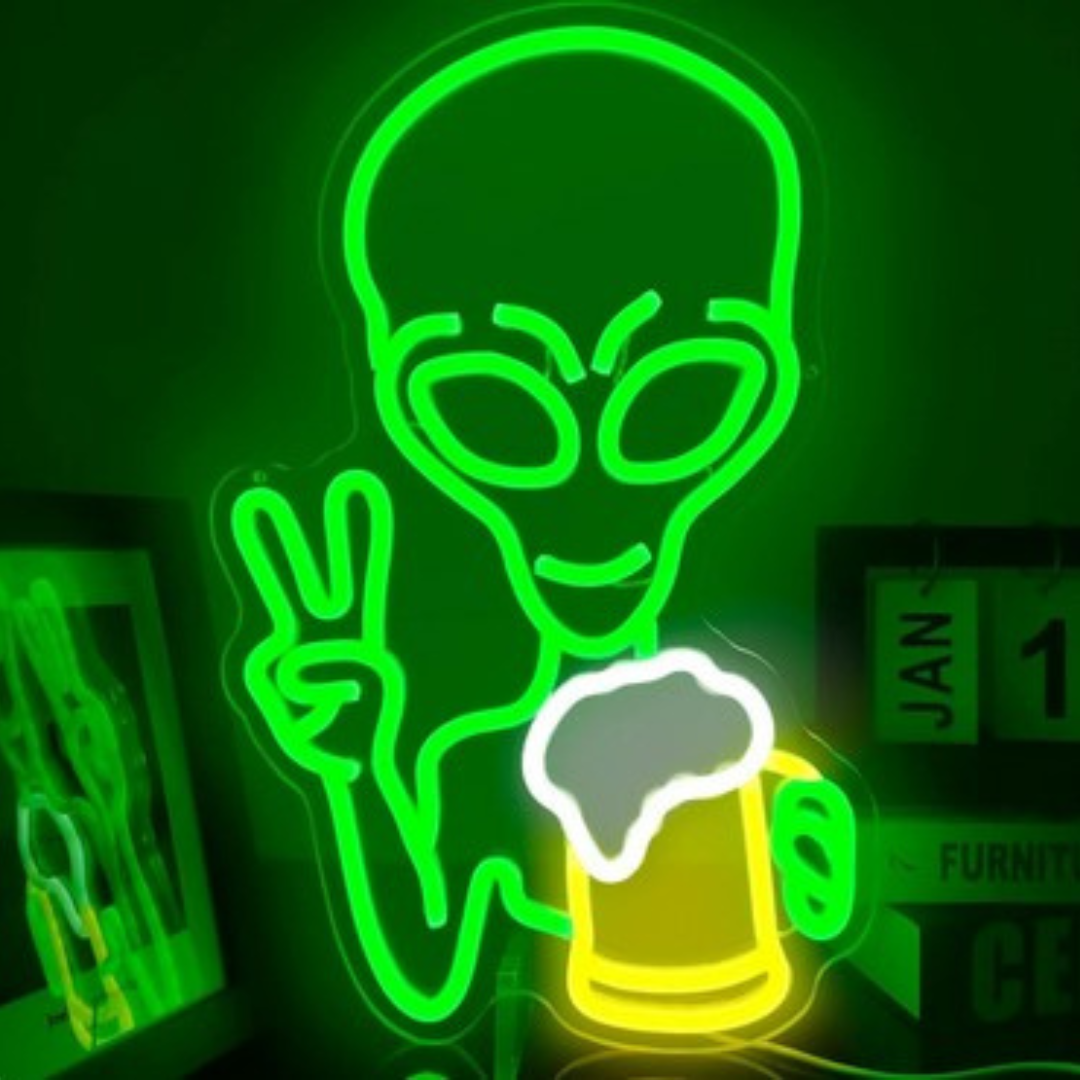 Alien neón verde Alien Beer LED regulable para decoración de pared, letreros brillantes para dormitorio, cueva de hombres, sala de juegos, Bar, fiesta de Hip-hop, neón Alien neón verde Alien Beer LED